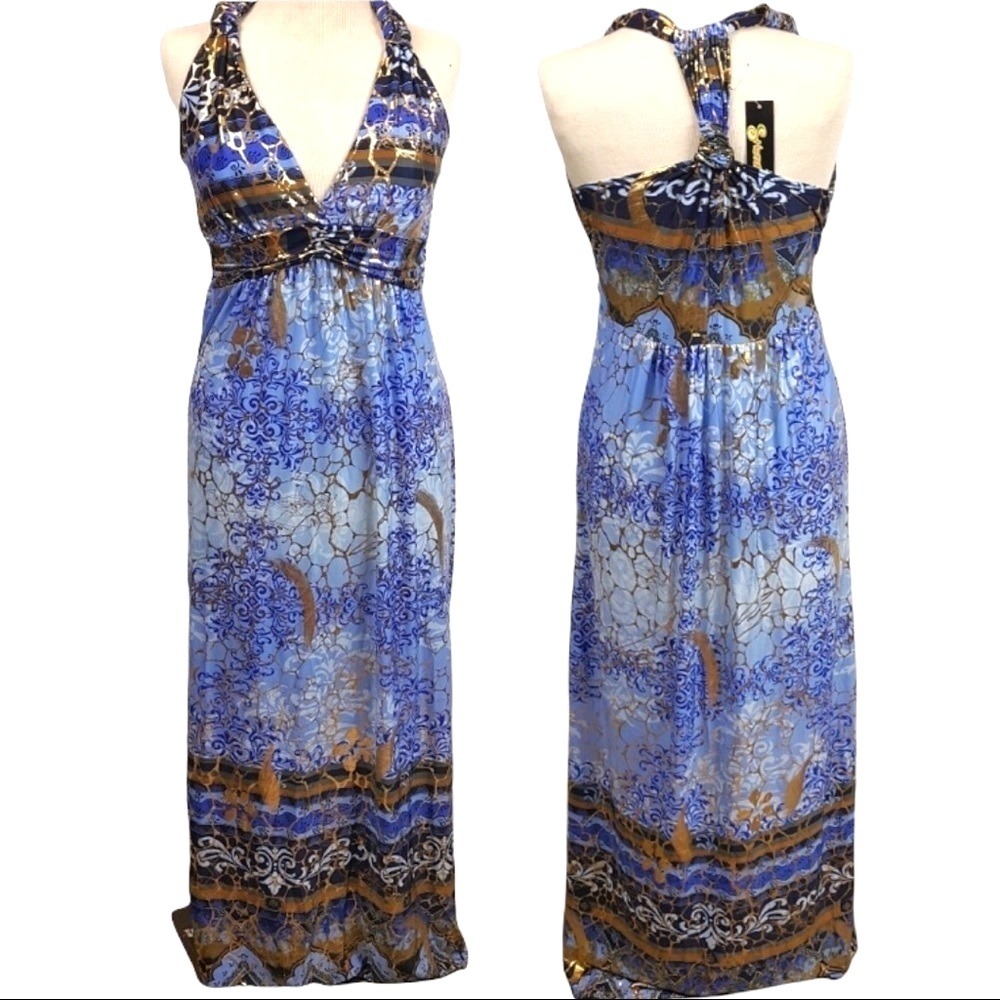 Maxi Dress Halter Blue Brown Floral Sleeveless Evening Party Cocktail S/M